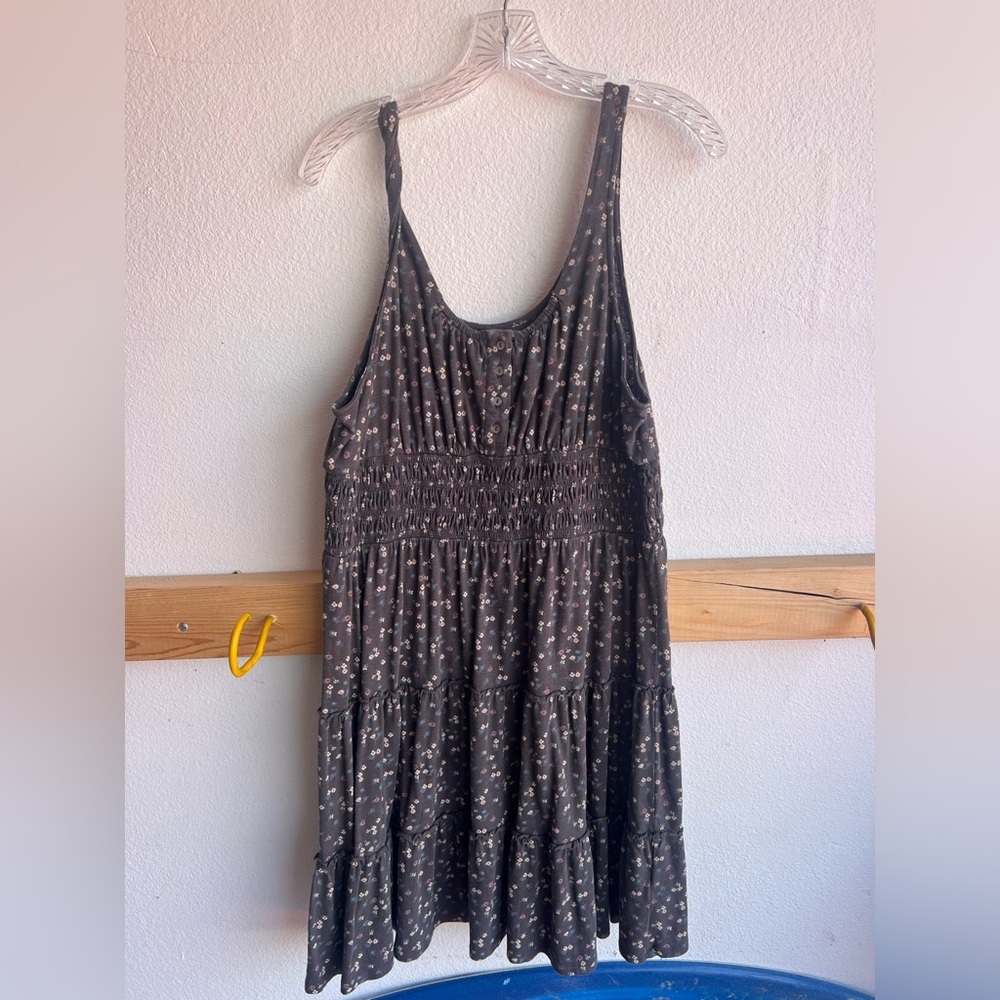Smocked Tiered Floral Tank Dress - Dark Brown